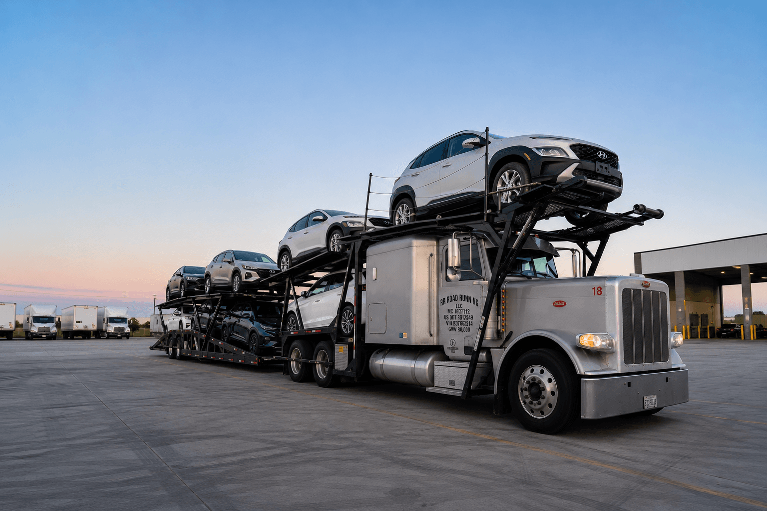 RR Road Running car hauler at dusk