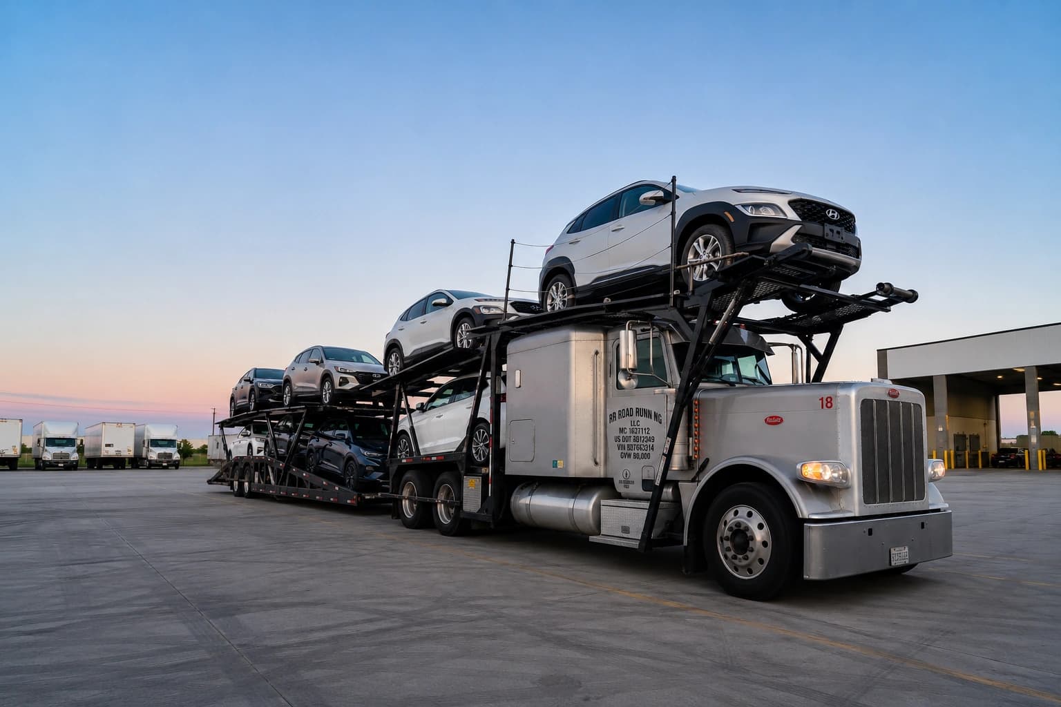 RR Road Running car hauler at dusk